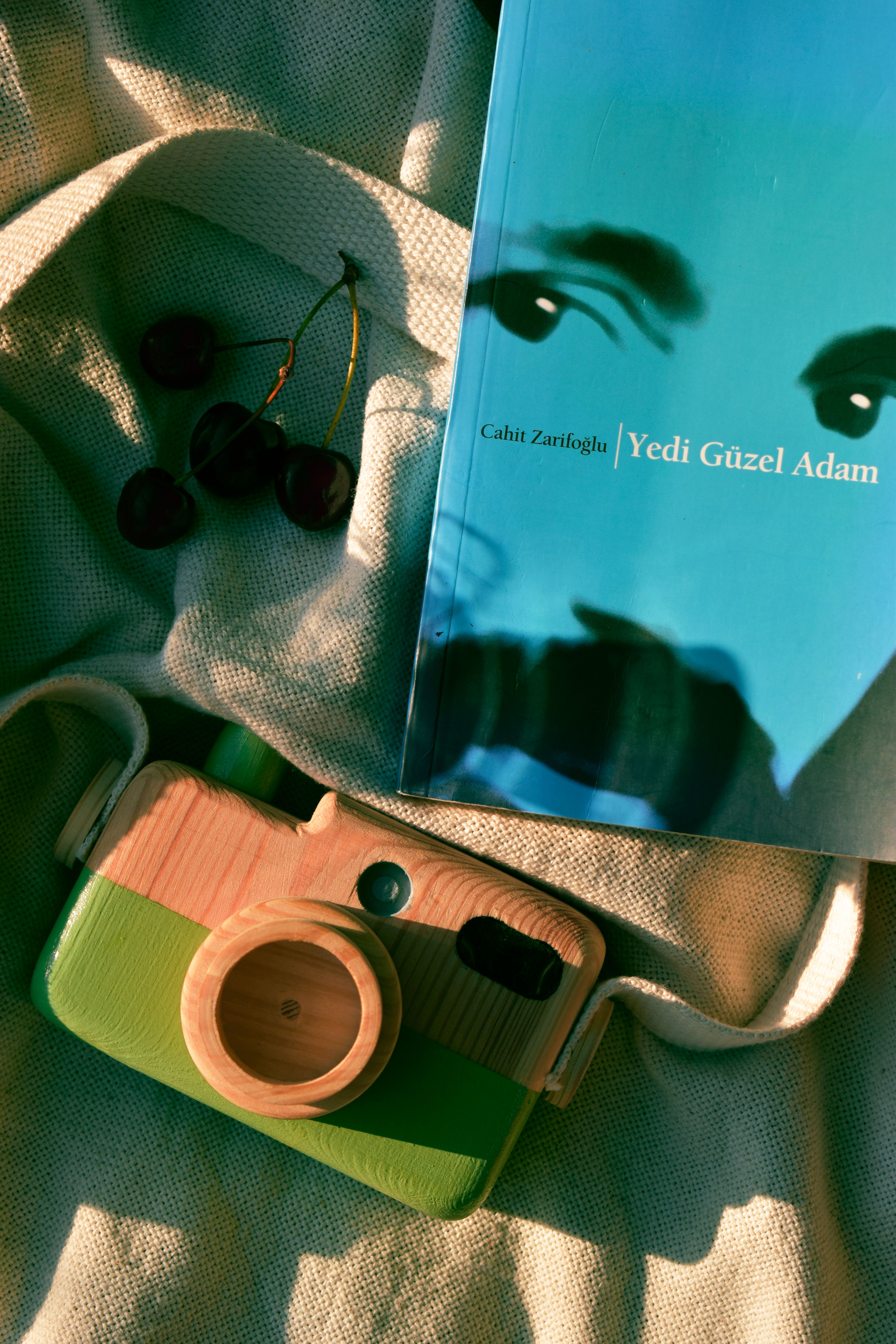 Aesthetic arrangement of a wooden toy camera, a blue book, and fresh cherries on fabric.