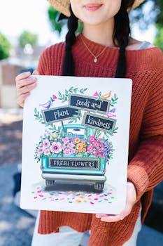 Woman in sweater holding a vibrant floral sign reading 'Plant Seeds of Kindness' outdoors.