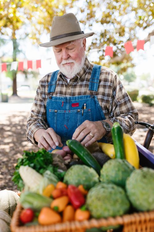 Free Bearded man in denim overalls standing at farmer's market with fresh vegetables, outdoors. Stock Photo