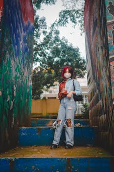 A woman wearing a face mask stands with a drink on colorful street art stairs during the day.