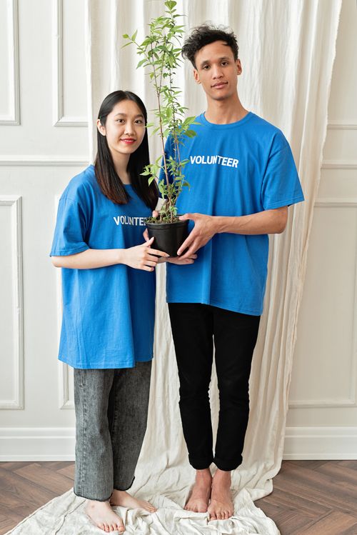 Free Two volunteers in blue shirts holding a potted plant, promoting environmental sustainability. Stock Photo