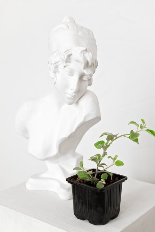 White Ceramic Sculpture of a Woman Beside A Potted Plant