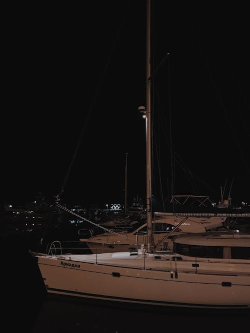White Yachts Docked on the Harbour at Night