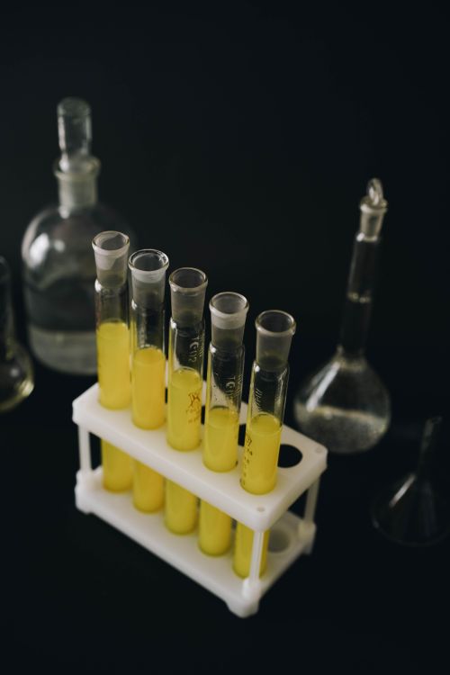 Free Test tubes with yellow liquid in a lab setup, highlighting modern scientific tools. Stock Photo