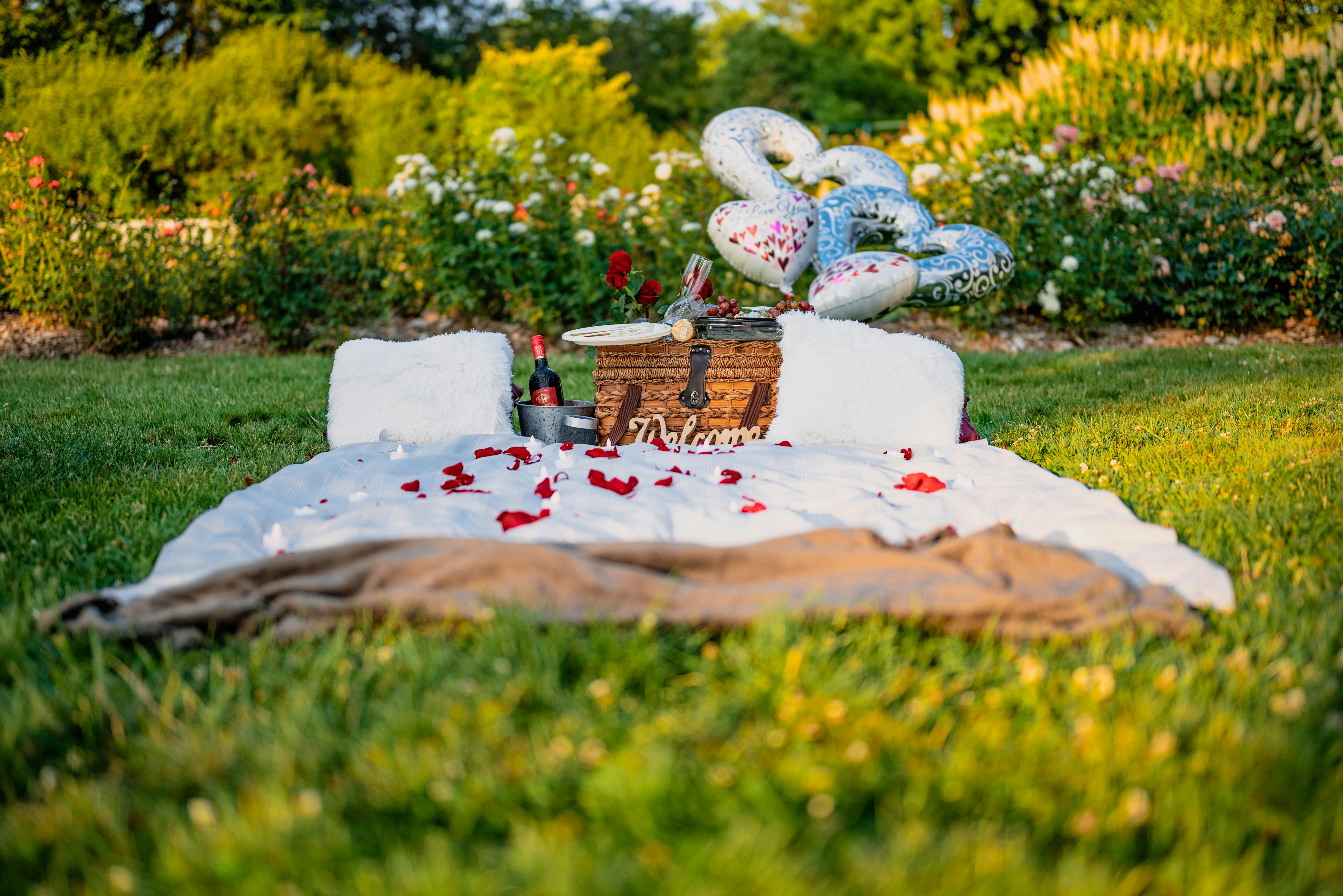 Beautiful picnic setting with roses, wine, and balloons for a romantic occasion.
