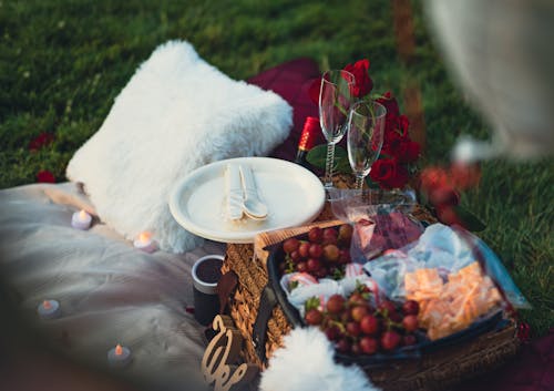 Безкоштовне стокове фото на тему «Бокали для вина, квіти, ковдру для пікніка»