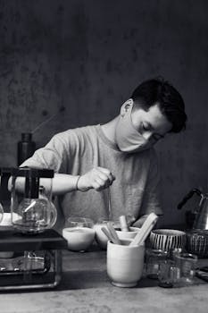 Asian man cooking in a grayscale kitchen setting with various utensils.