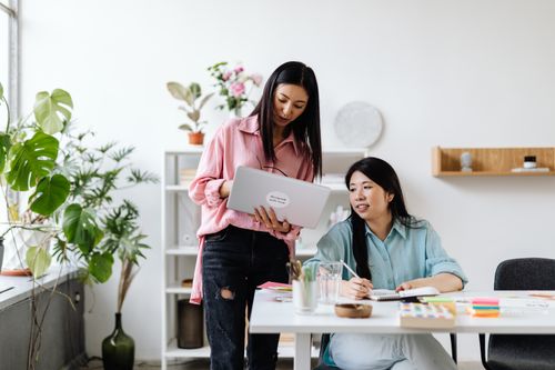Free Two women engaged in teamwork using a laptop, surrounded by office plants and supplies. Stock Photo