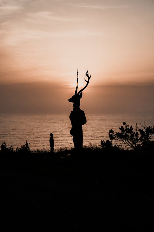 Silhouette of a Person Looking Up at a Statue