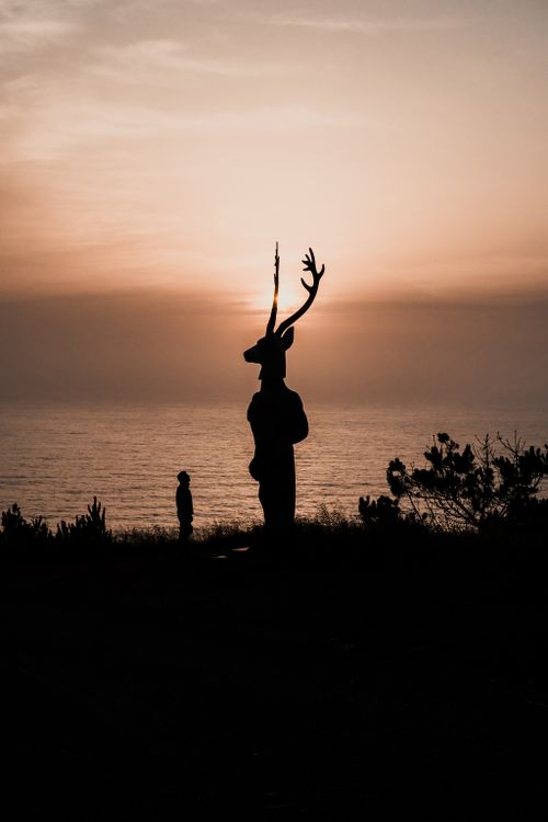 Free Silhouette of unique sculptures with antlers against a sunset backdrop at the ocean in Nazaré, Portugal. Stock Photo