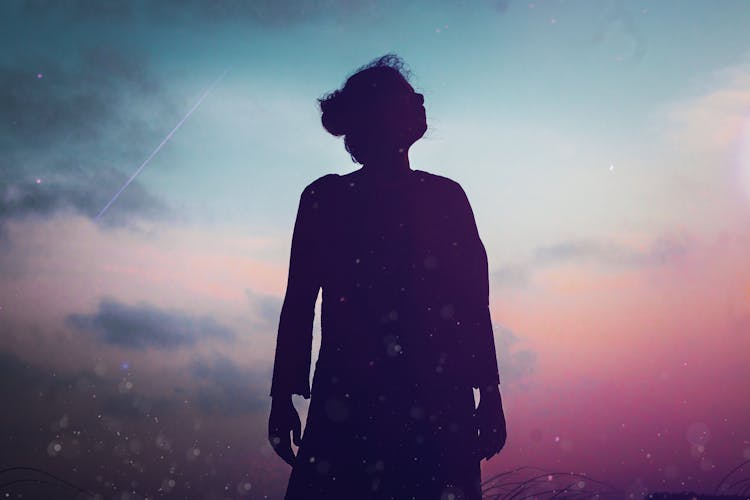 Silhouette Of A Woman Standing Against Blue And Pink Sky