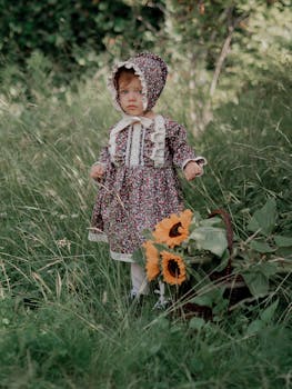 A young girl in a floral dress and bonnet standing in a sunflower field on a sunny day.