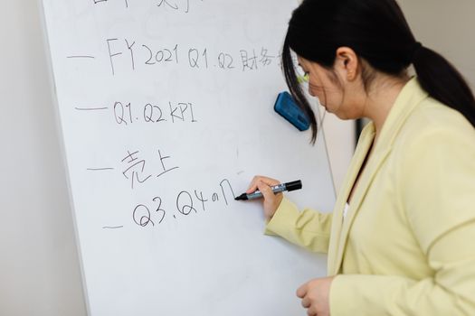 Woman in business attire writing financial notes on whiteboard in office.