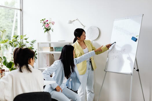Three women engaged in a business presentation using a whiteboard in a modern office setting.