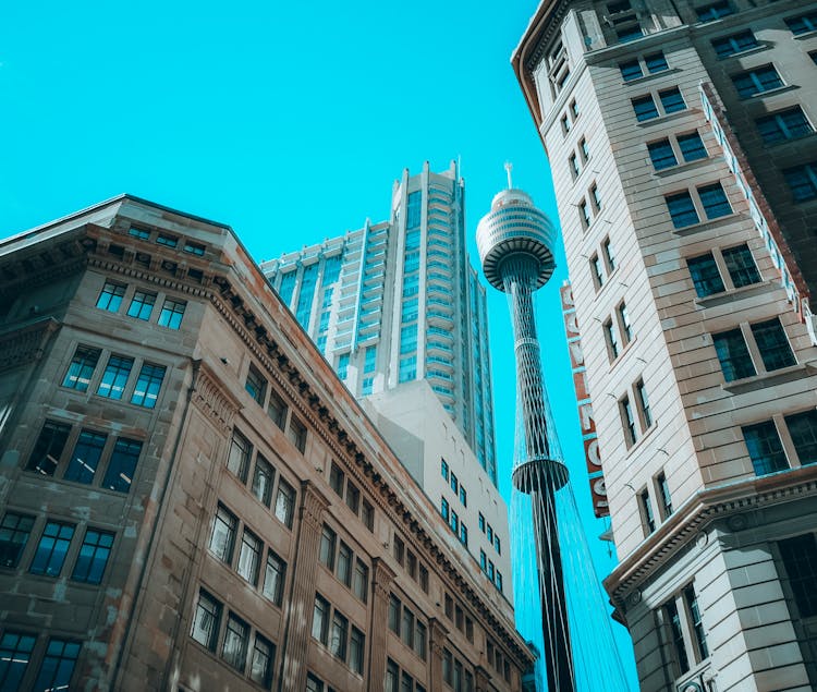 Low Angle View Of The Sydney Tower And Buildings Around It