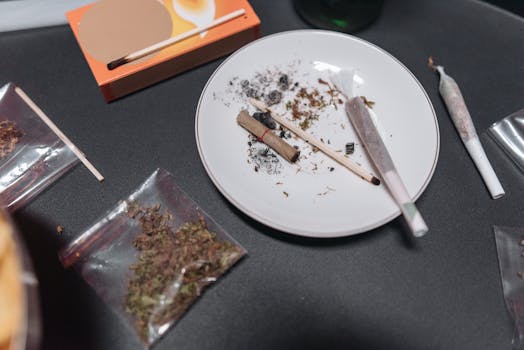 Close-up image showing cannabis paraphernalia, including joints and rolling paper on a table.