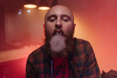 A Bearded Man in Plaid Shirt Smoking