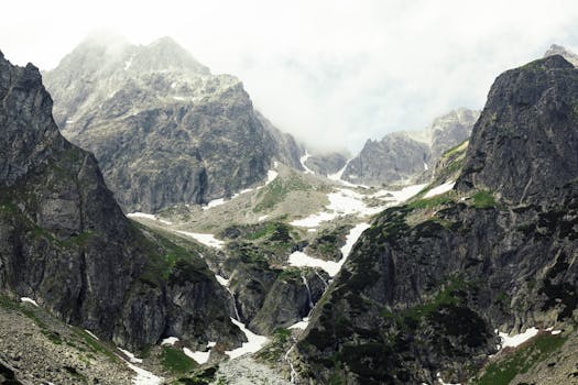 Majestic mountainous landscape in Vysoké Tatry, Slovakia, depicting rugged peaks under a cloudy sky.