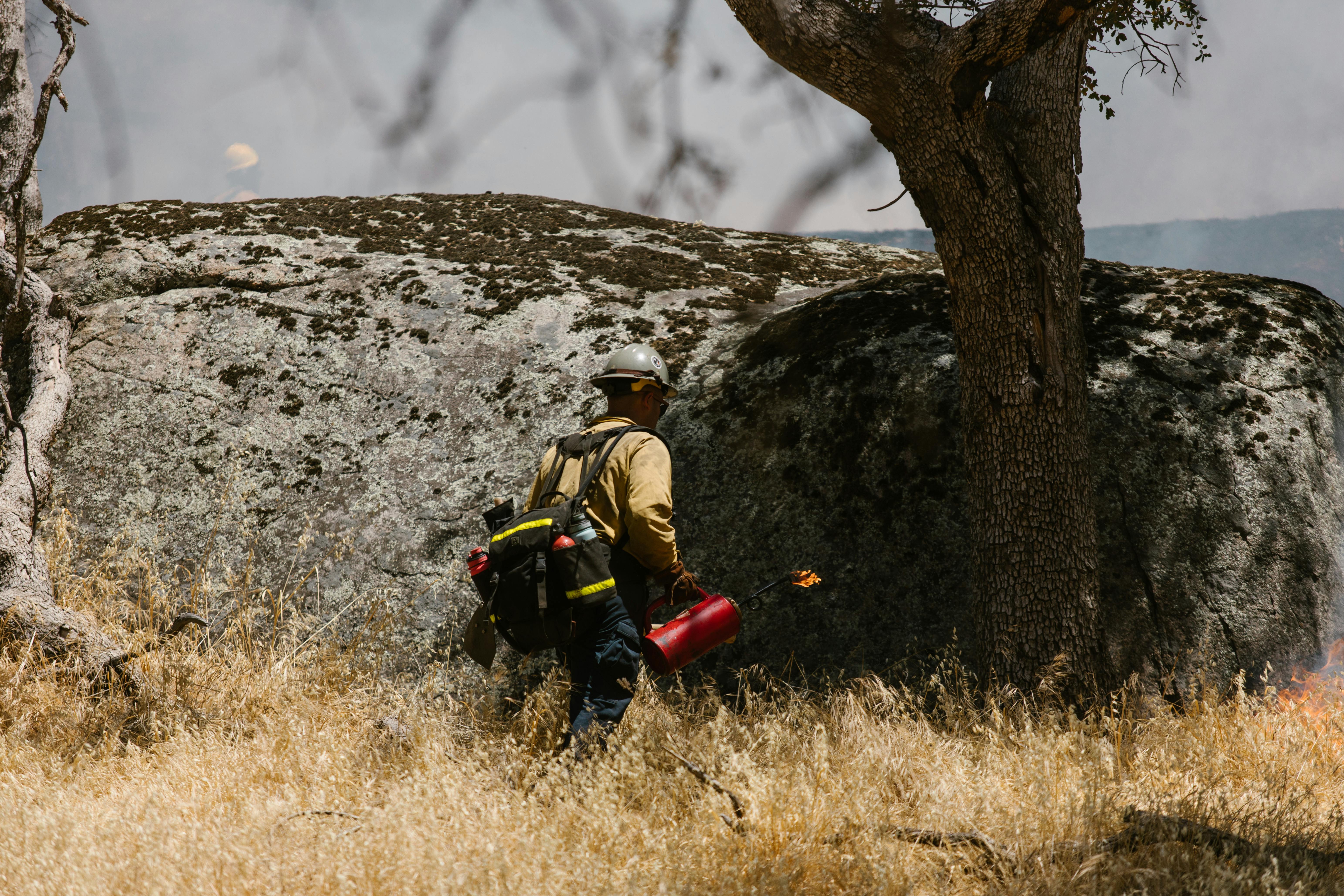 A firefighter with equipment in a grassy field near large boulders and trees.