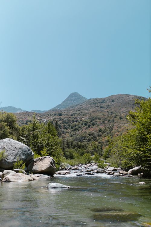 Free Serene mountain stream flowing through a lush forest with majestic mountains in the background. Stock Photo