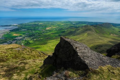 Free Panoramic view of the Cooley Peninsula and Irish Sea from Slieve Foye in Ireland. Stock Photo