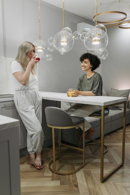 Free Two women relax in a modern living room, enjoying drinks and a cozy conversation. Stock Photo