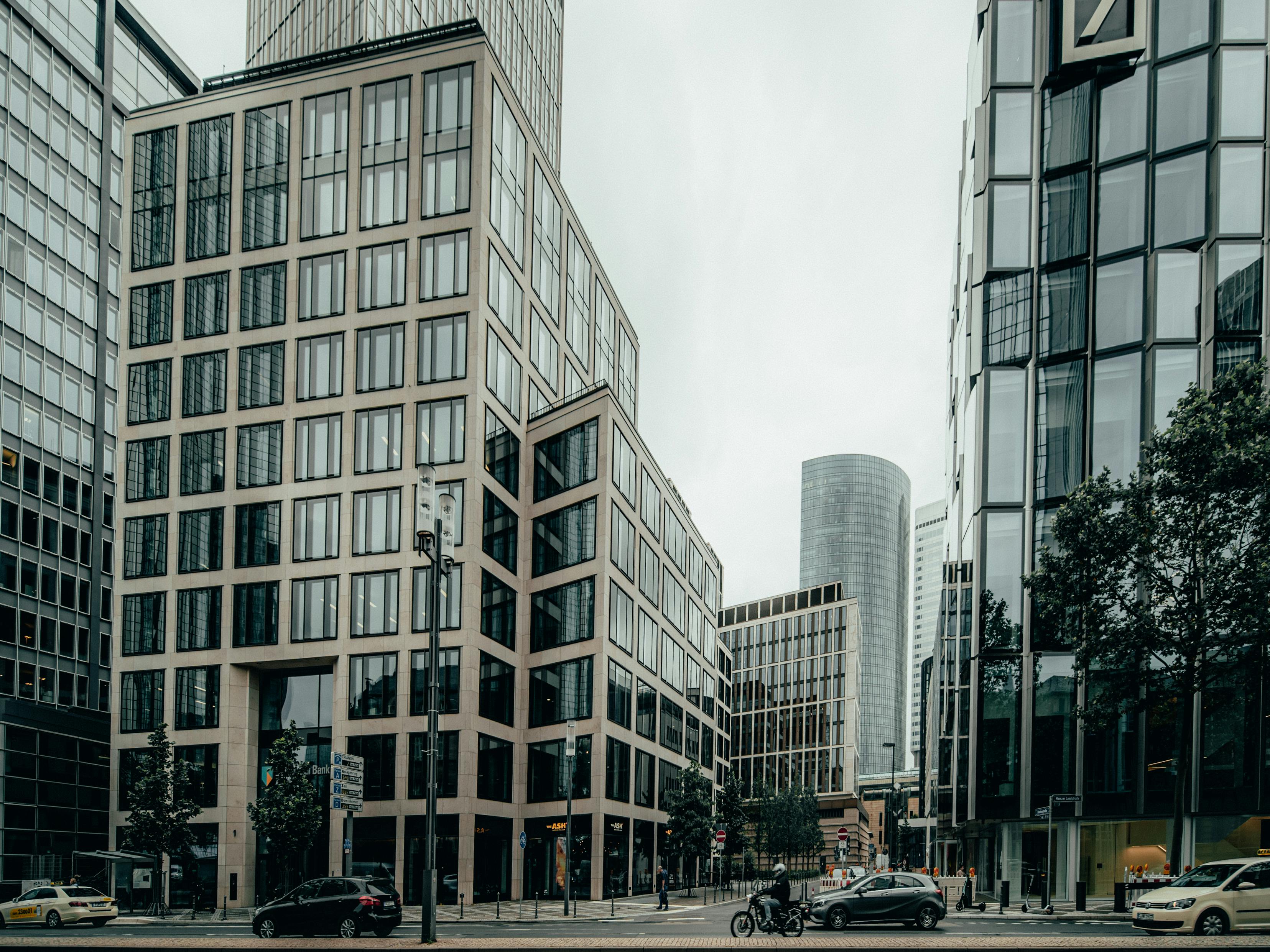 Captivating view of modern office buildings in a bustling urban downtown setting.