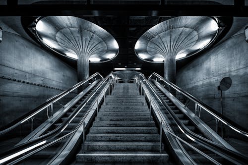 Grayscale Photo of a Staircase