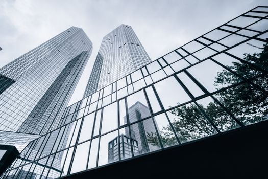 Low-angle view of modern skyscrapers with reflective glass facades in a cityscape.