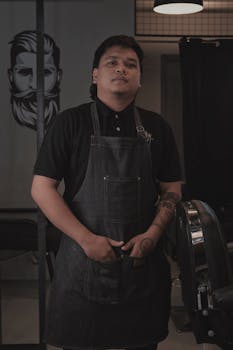 A confident barber in an apron stands inside a modern salon, showcasing tattoos and style.