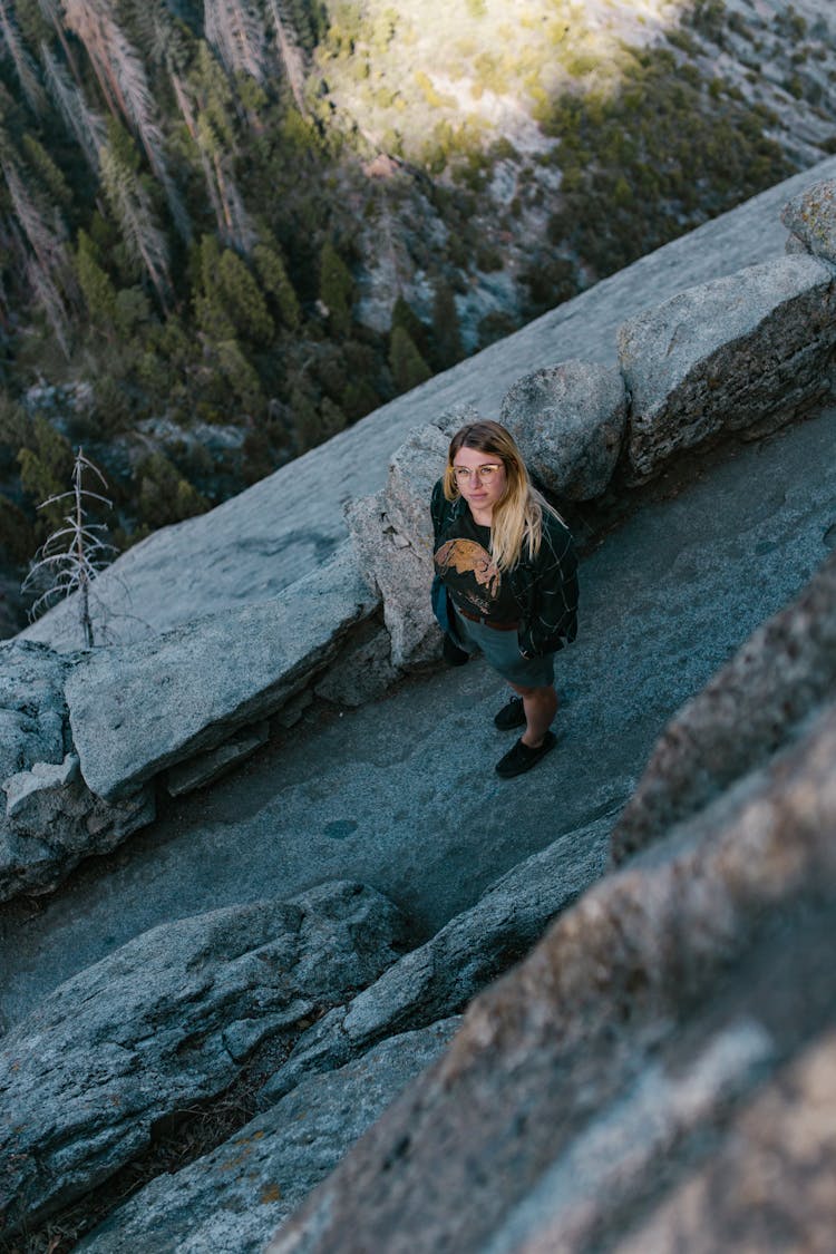 High Angle Shot Of A Woman At Sequoia National Park