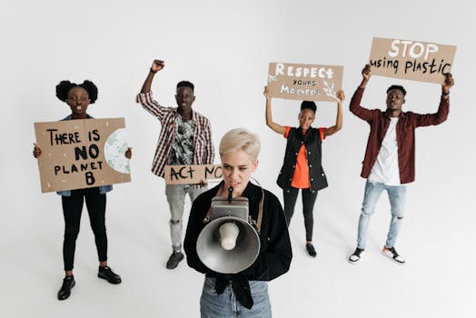 Group of diverse activists protesting climate change with signs and megaphone indoors.