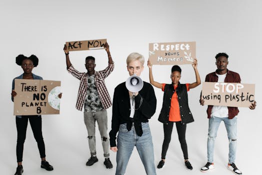 Diverse group of young activists protesting with placards against environmental issues, demanding urgent action.