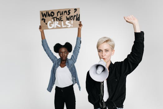 Two women promote feminism, holding a sign and megaphone in a studio shoot.