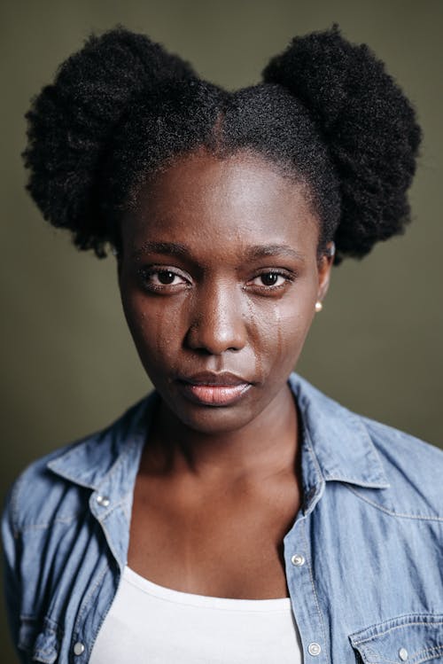 Free Woman in Blue Denim Jacket Crying Stock Photo