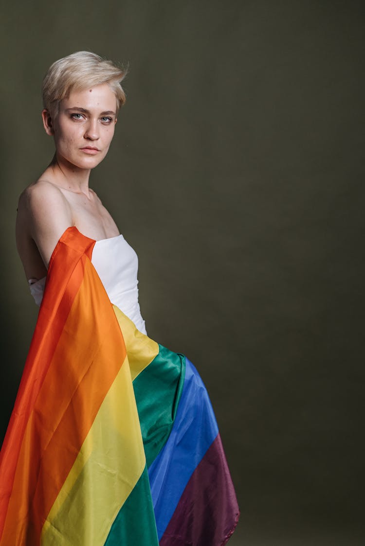 Woman Wrapped In A Rainbow Flag 