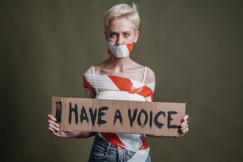 A Woman Holding a Placard saying i have a voice