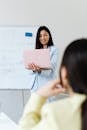Woman at a Business Meeting Standing Next to a Whiteboard and Holding a Laptop