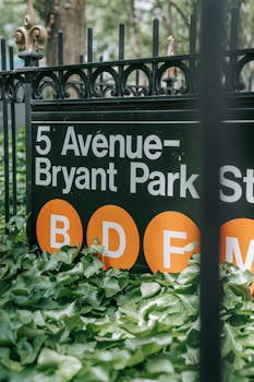 Subway station sign at 5th Avenue Bryant Park with lush greenery.