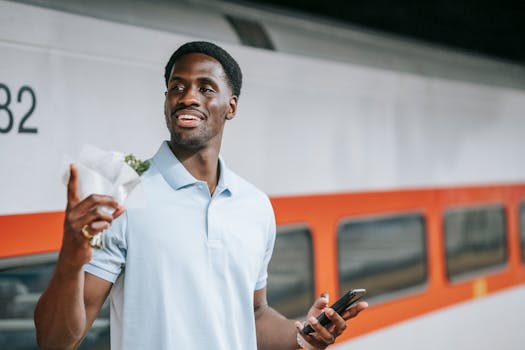 A man stands at a train station holding a smartphone and ticket, waiting for the train.