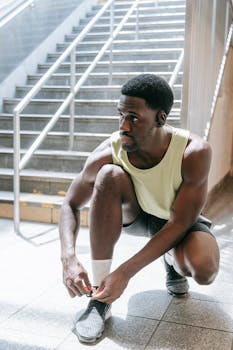 Young male athlete in sportswear kneeling and tying shoelaces on urban stairs.