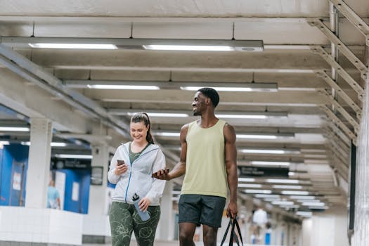 Two friends in sportswear smiling and chatting while walking indoors.