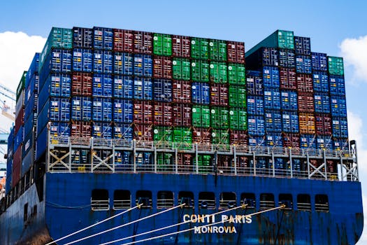 Stacked cargo containers on a massive ship at the harbor, symbolizing global trade.