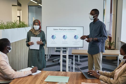 A diverse team wearing face masks discusses sales strategy with charts in a modern office.