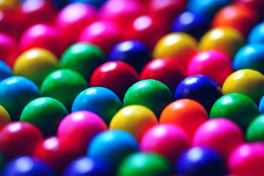 A visually striking close-up of various colorful candy balls arranged in a pattern.