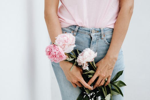 A person in a casual outfit holds pink peonies, illustrating a fresh and natural vibe.
