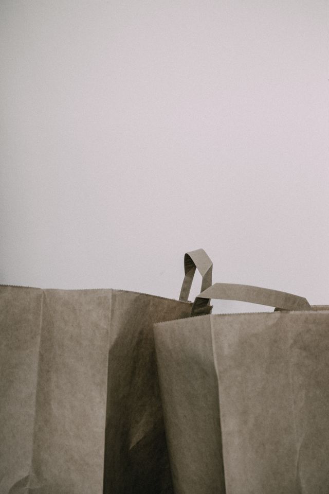 Kraft paper retail shopping bags against a clean light wall