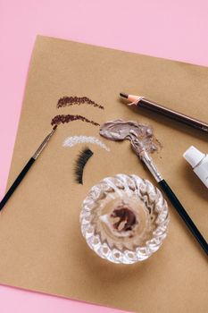 Aesthetic flat lay of makeup tools and cosmetics on a pink background.. aesthetic, flat, makeup