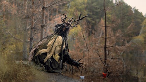 Person in a Frightening Costume with Antlers Crouching on the Lake Shore 