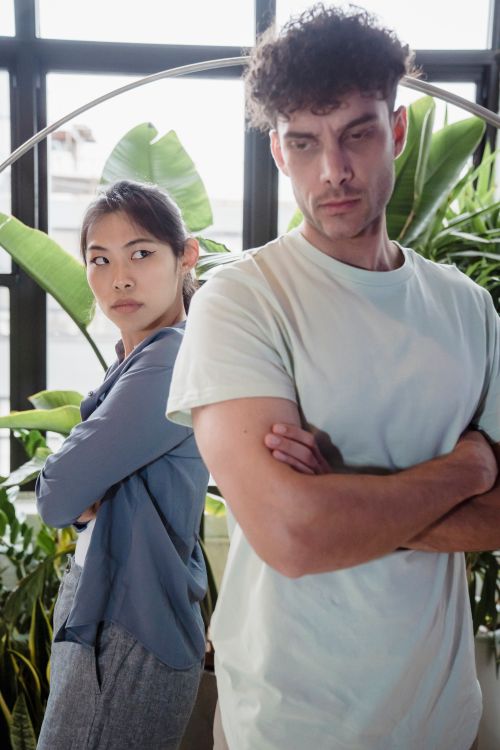 Free Couple standing back to back with crossed arms and tense expressions, surrounded by indoor plants. Stock Photo